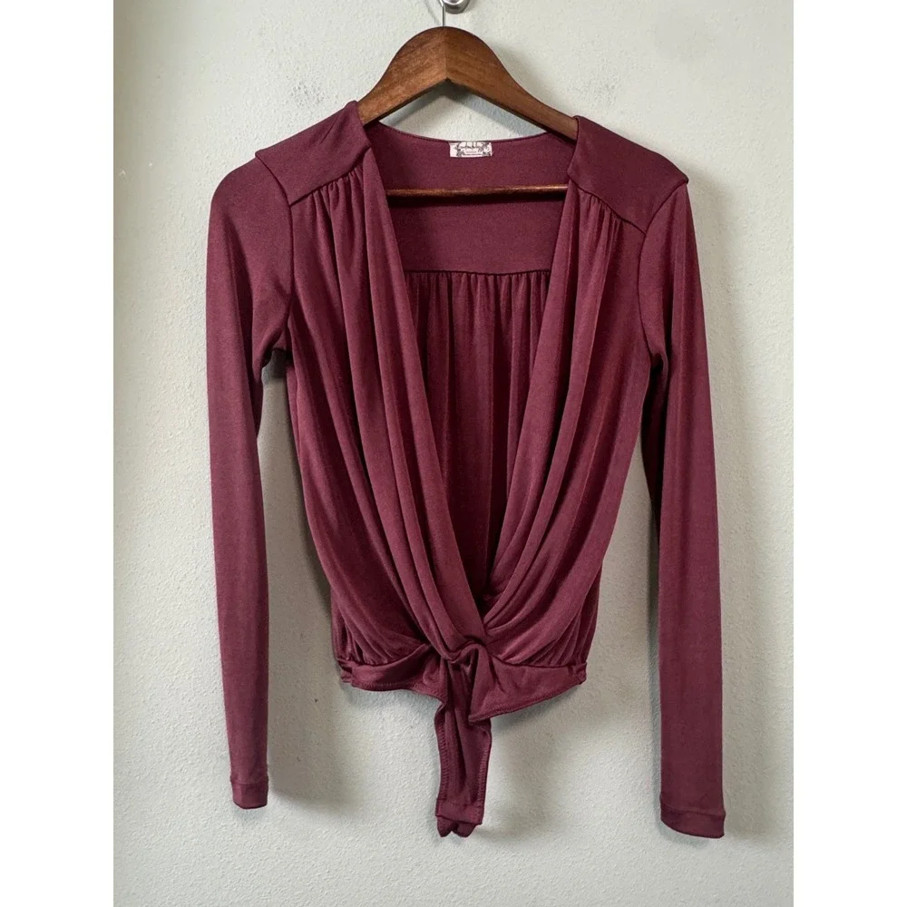 Free People Turnt Bodysuit Maroon Plunging‎ V-Neck Long Sleeve Draped Wrap Top S